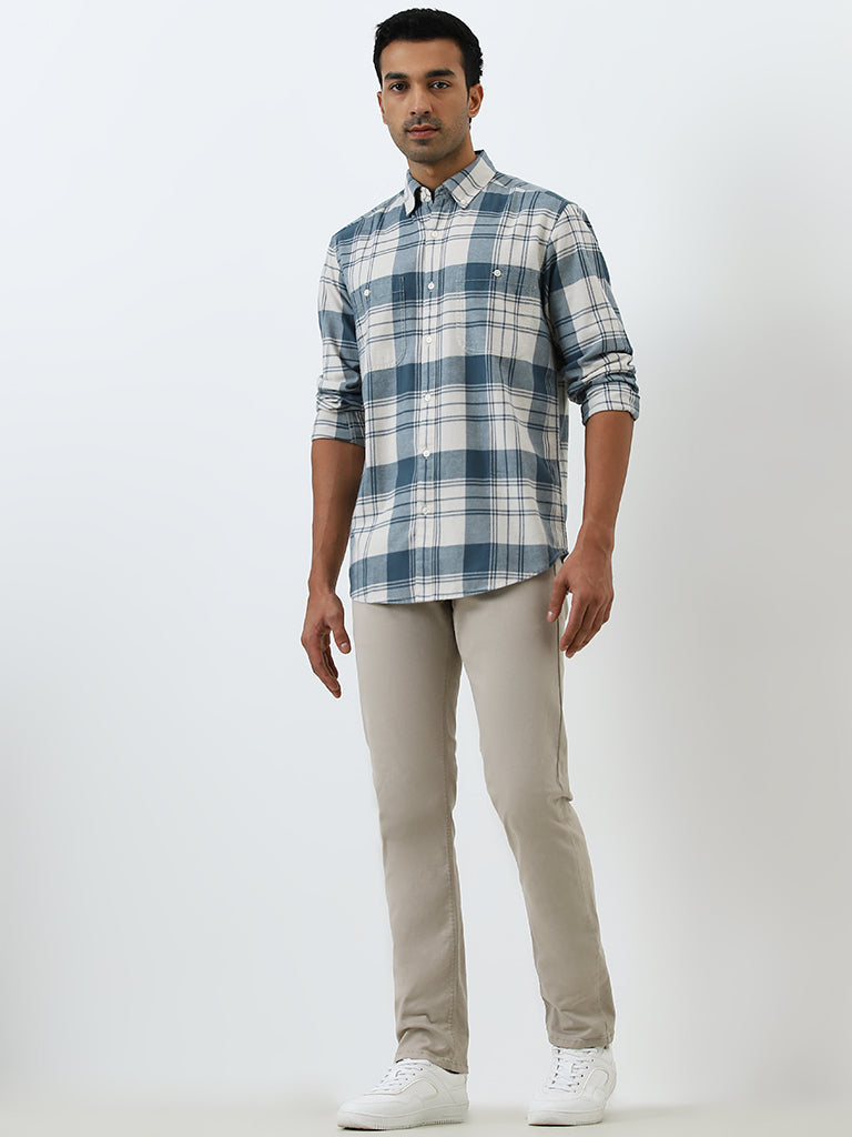 WES Casuals Teal Checkered Relaxed Cotton-Fit Shirt