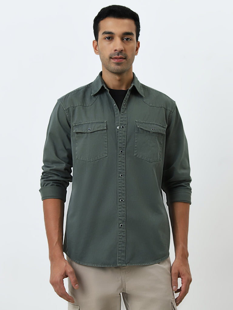 WES Casuals Olive Relaxed-Fit Cotton Shirt