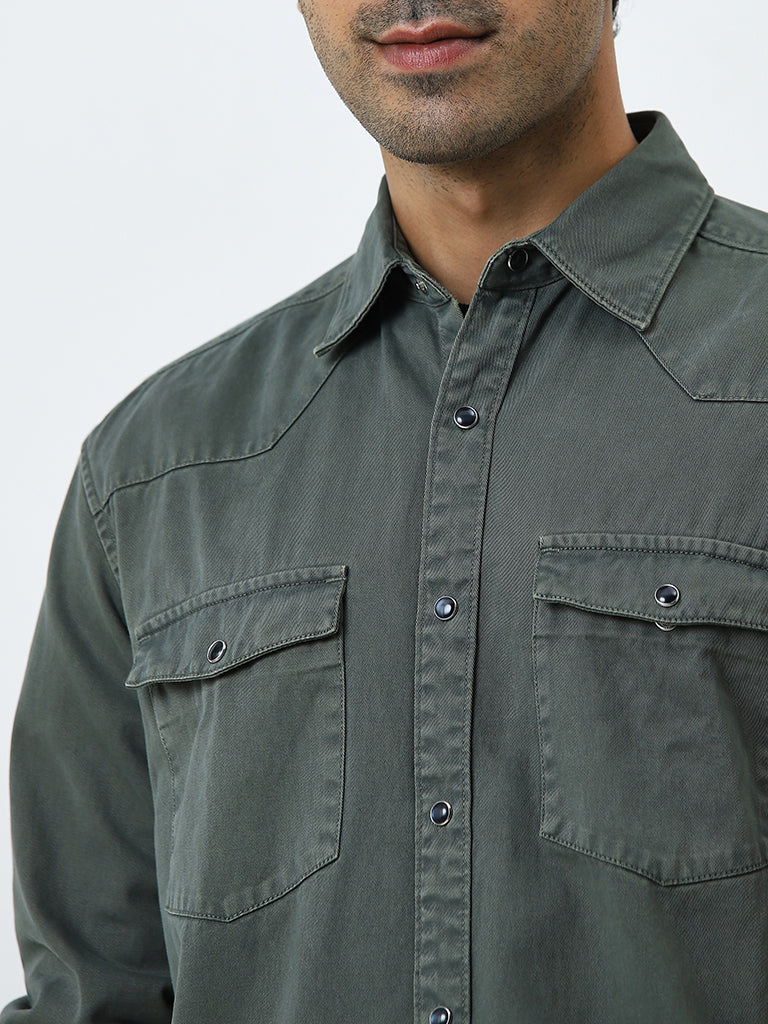 WES Casuals Olive Relaxed-Fit Cotton Shirt