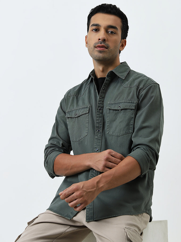 WES Casuals Olive Relaxed-Fit Cotton Shirt