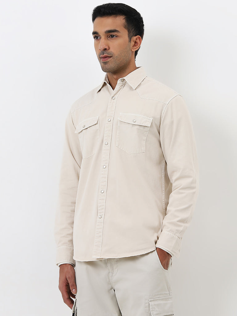 WES Casuals Beige Relaxed-Fit Cotton Shirt