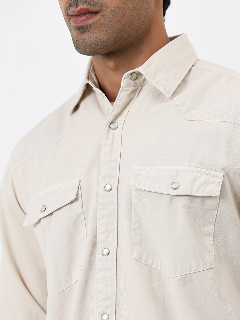 WES Casuals Beige Relaxed-Fit Cotton Shirt