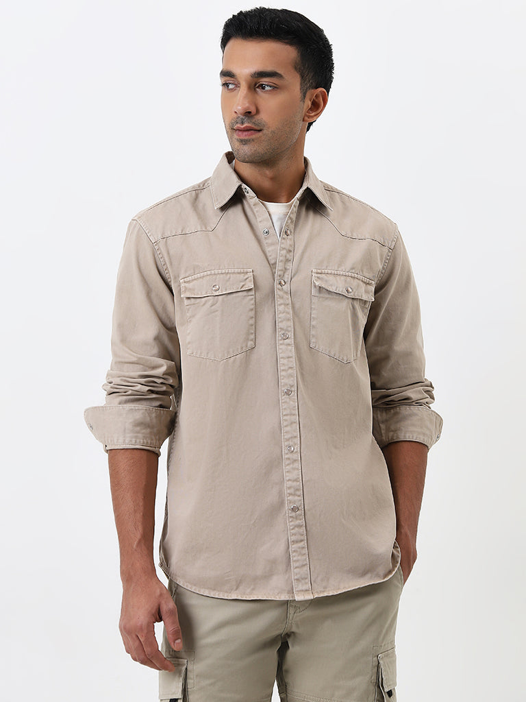 WES Casuals Taupe Relaxed-Fit Cotton Shirt