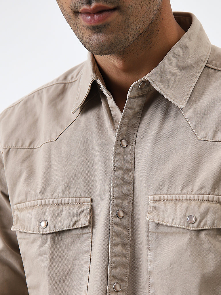 WES Casuals Taupe Relaxed-Fit Cotton Shirt