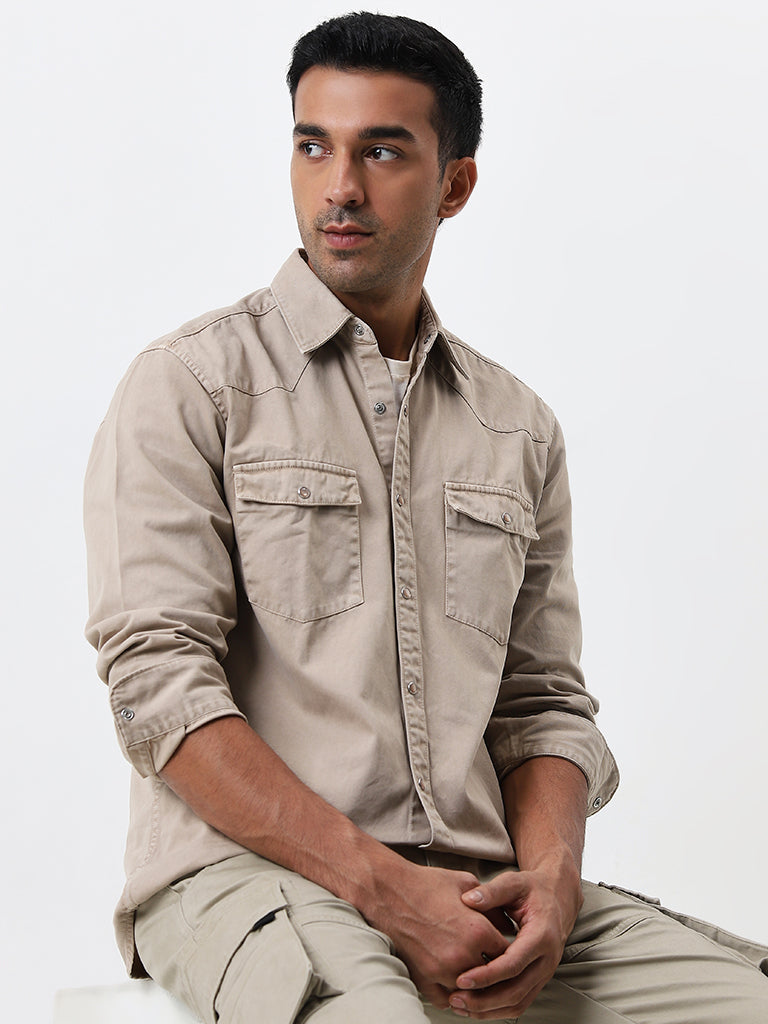 WES Casuals Taupe Relaxed-Fit Cotton Shirt