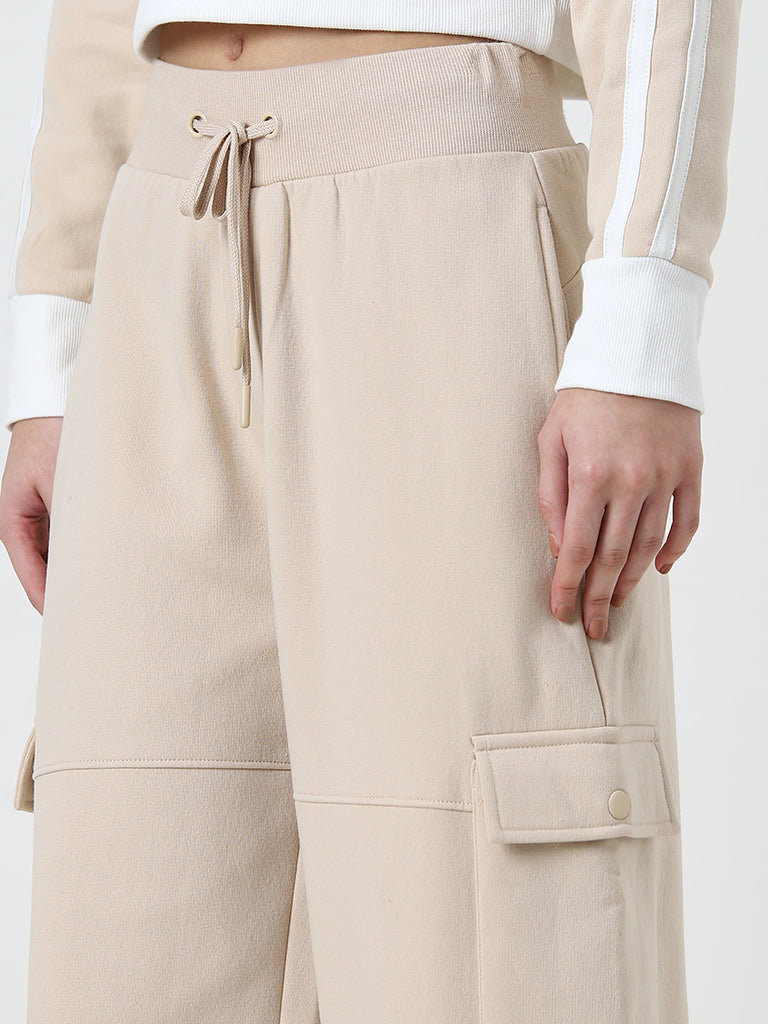 Studiofit Beige Cargo-Style High-Rise Track Pants