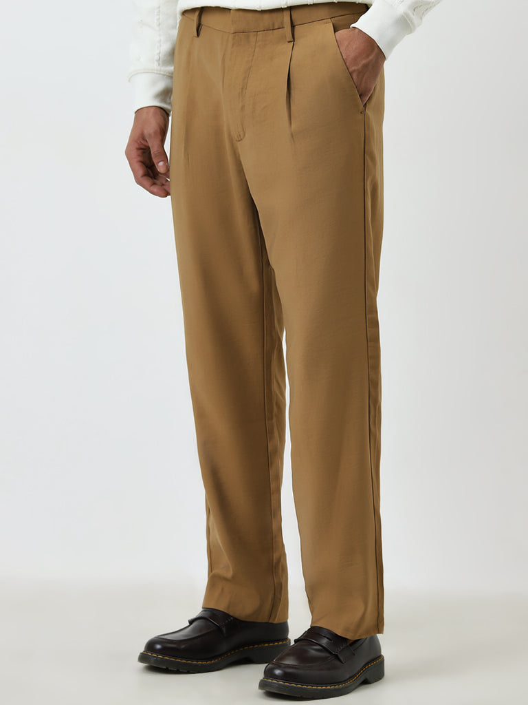 Ascot Tan Pleated Relaxed-Fit Mid-Rise Chinos