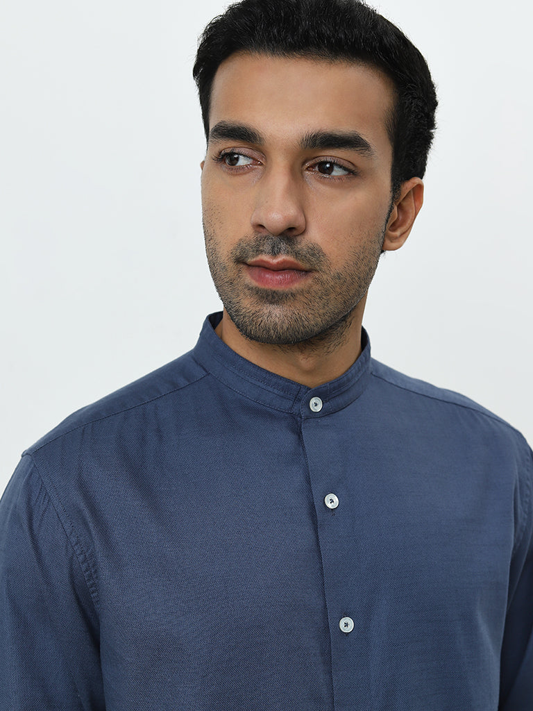 Ascot Blue Solid Relaxed-Fit Cotton Shirt