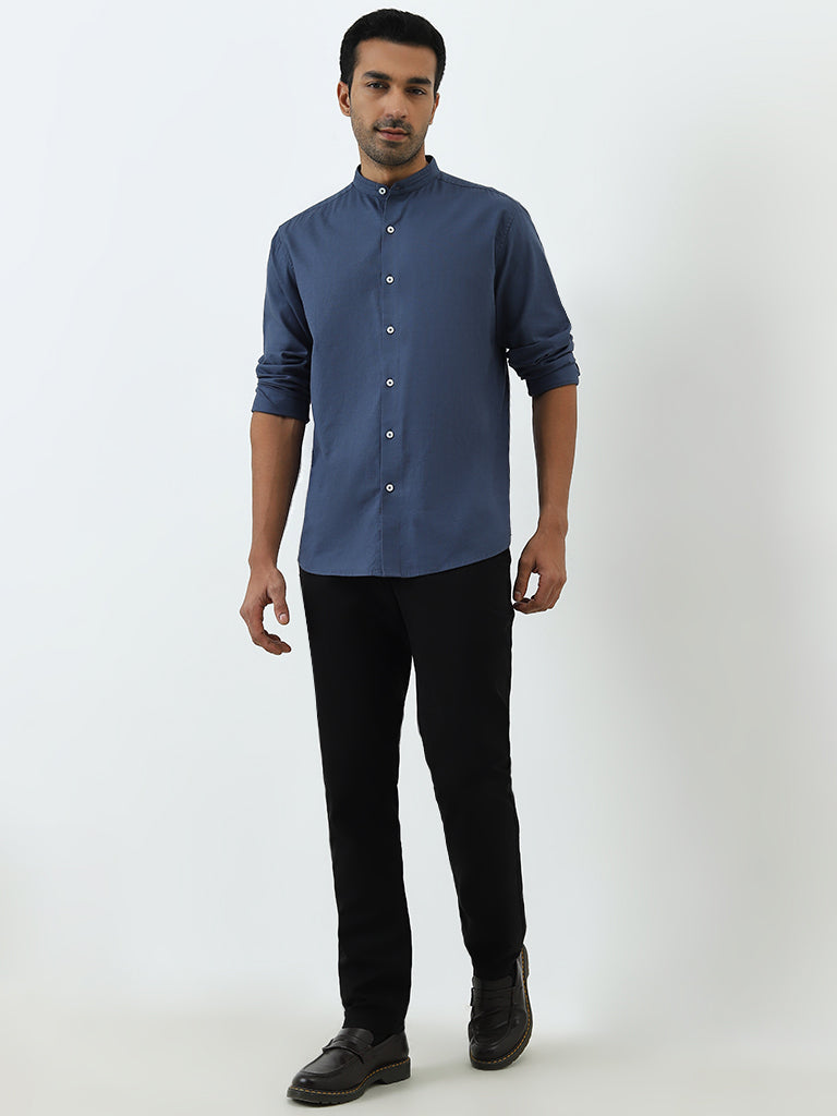 Ascot Blue Solid Relaxed-Fit Cotton Shirt