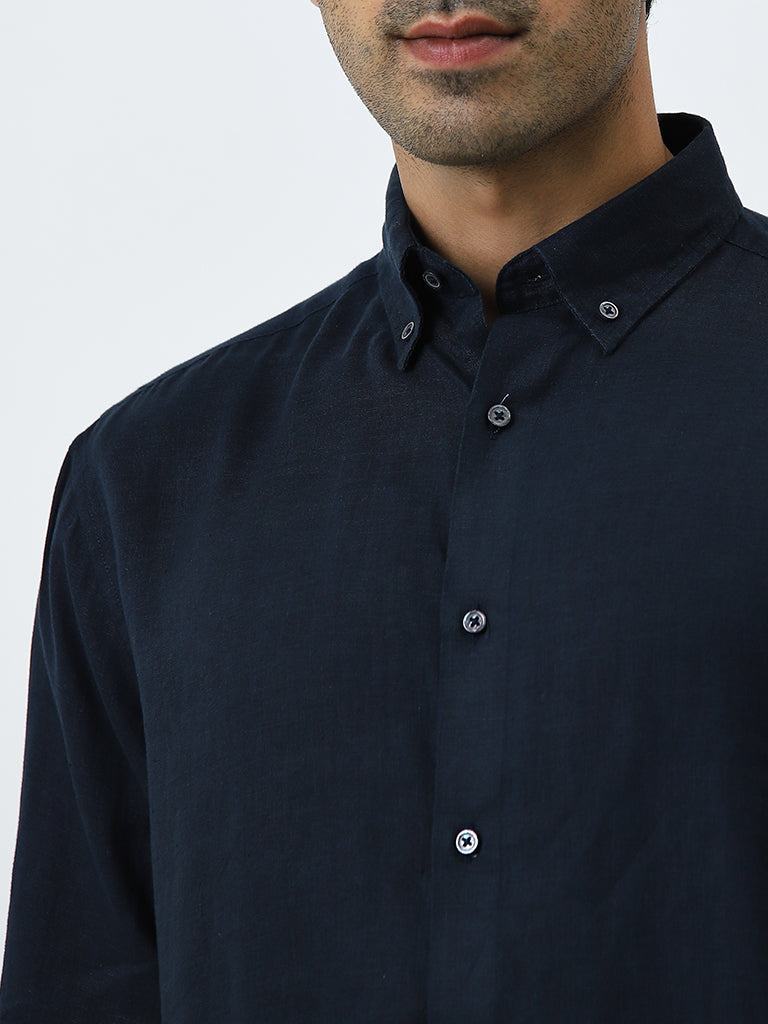 Ascot Navy Solid Relaxed-Fit Linen Shirt