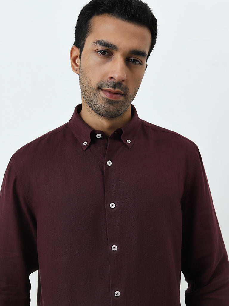 Ascot Wine Solid Relaxed-Fit Linen Shirt