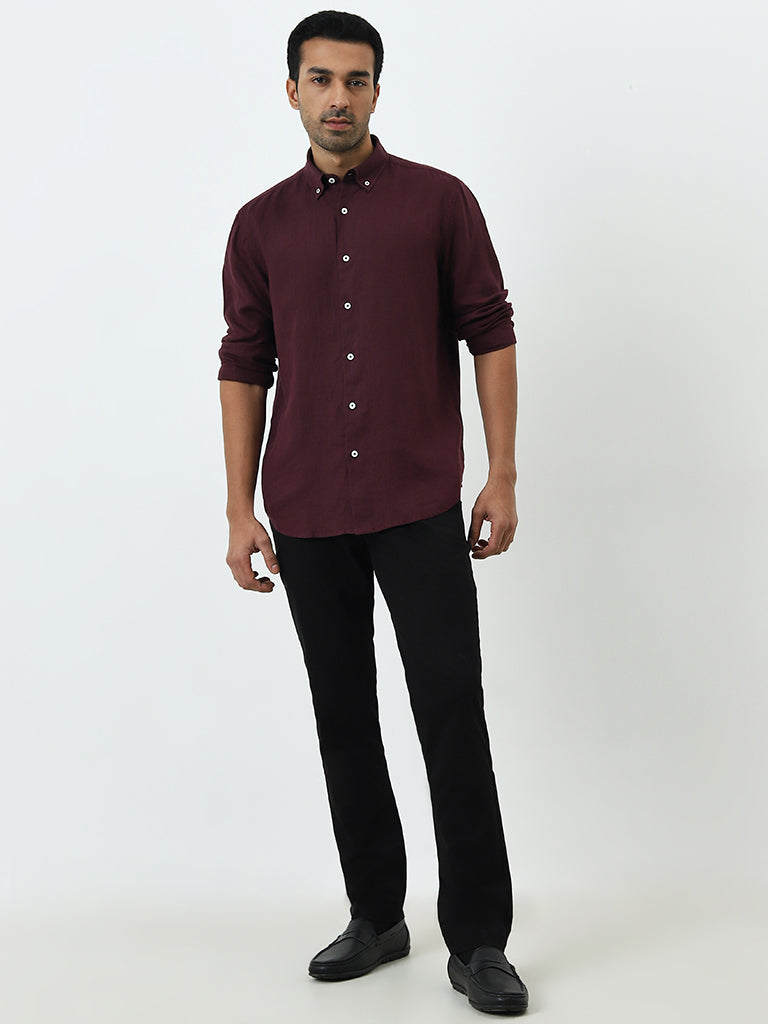 Ascot Wine Solid Relaxed-Fit Linen Shirt