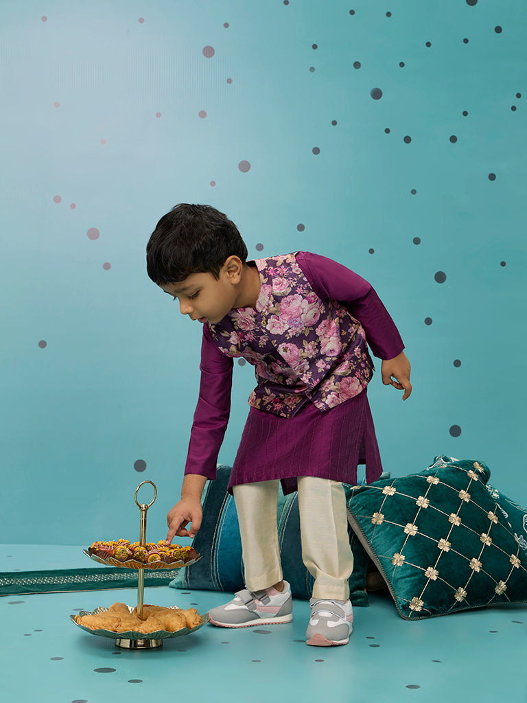 Utsa Kids Purple Kurta, Jacket and Pyjamas Set - (2 - 8yrs)