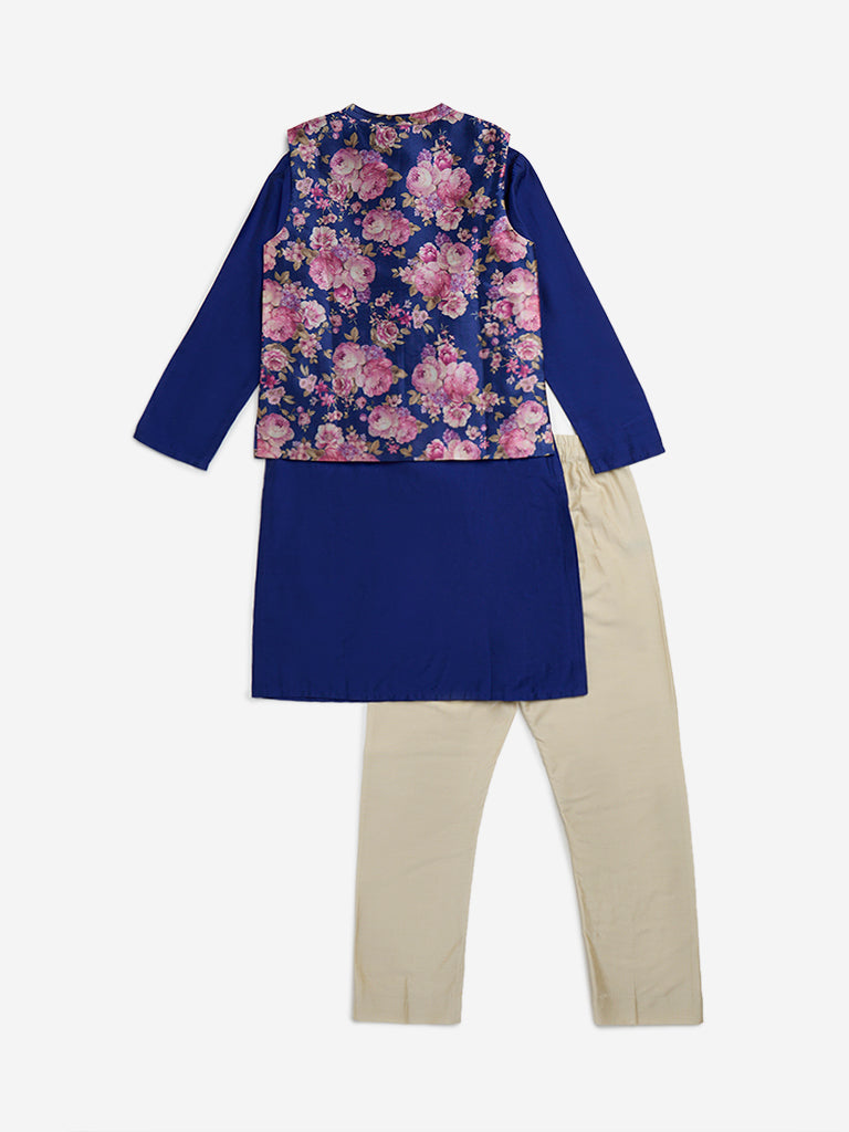 Utsa Kids Blue Kurta, Jacket and Pants Set - (8 - 14yrs)