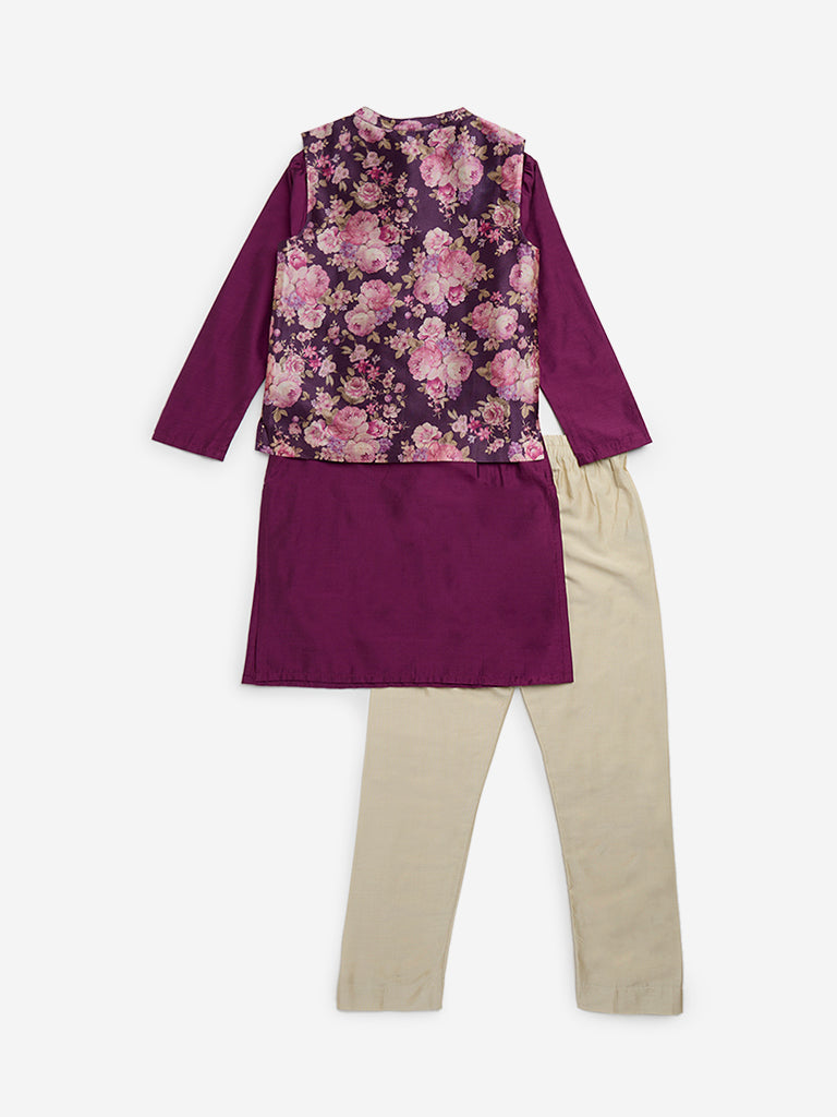 Utsa Kids Purple Kurta, Jacket and Pants Set - (8 - 14yrs)