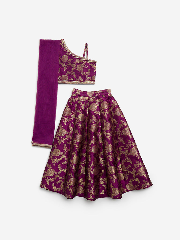 Utsa Kids Purple Embroidered Choli, Ghagra and Dupatta Set - (2 - 8yrs)