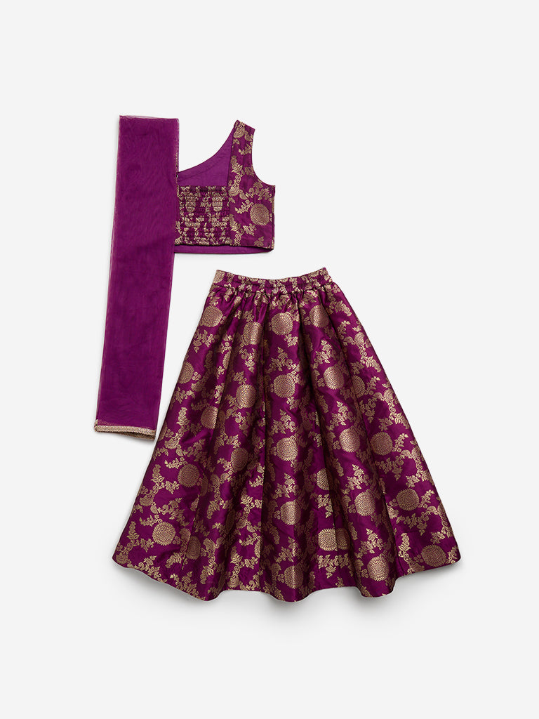 Utsa Kids Purple Embroidered Choli, Ghagra and Dupatta Set - (2 - 8yrs)