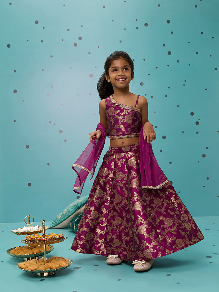 Utsa Kids Purple Embroidered Choli, Ghagra and Dupatta Set - (2 - 8yrs)