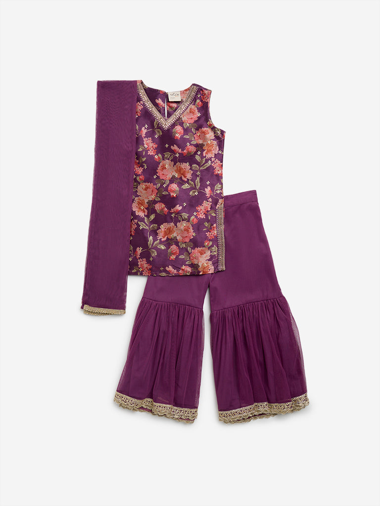 Utsa Kids Purple Embellished Kurta, Sharara and Dupatta Set - (2 - 8yrs)