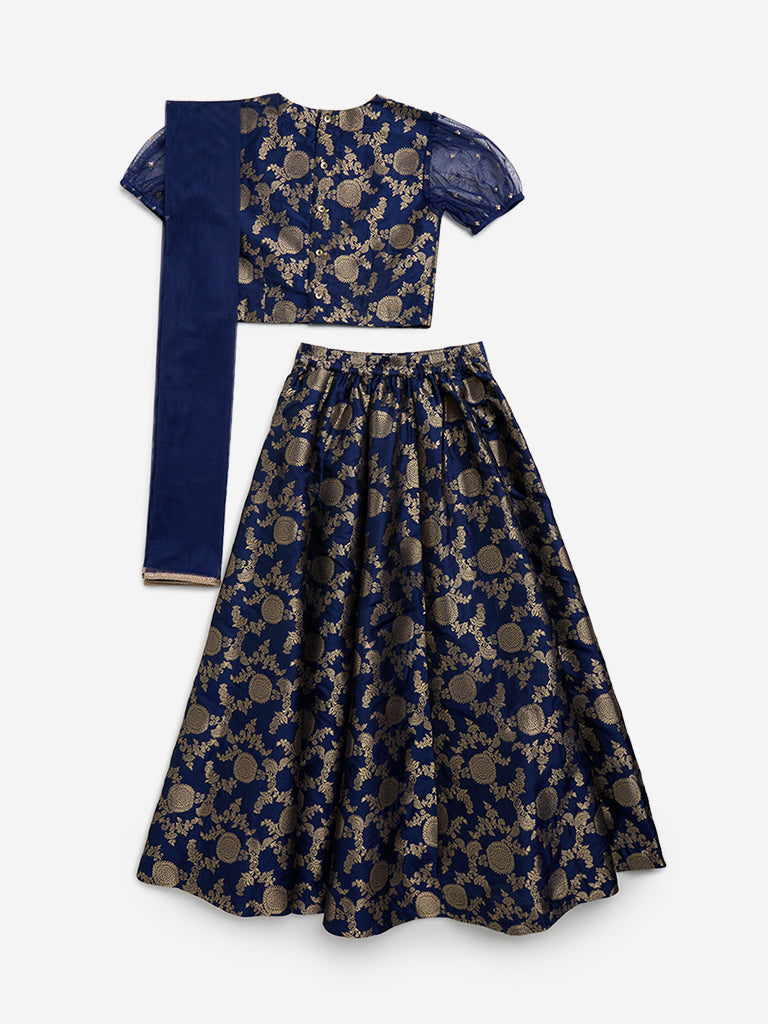 Utsa Kids Blue Embroidered Choli, Ghagra and Dupatta Set - (8 - 14yrs)