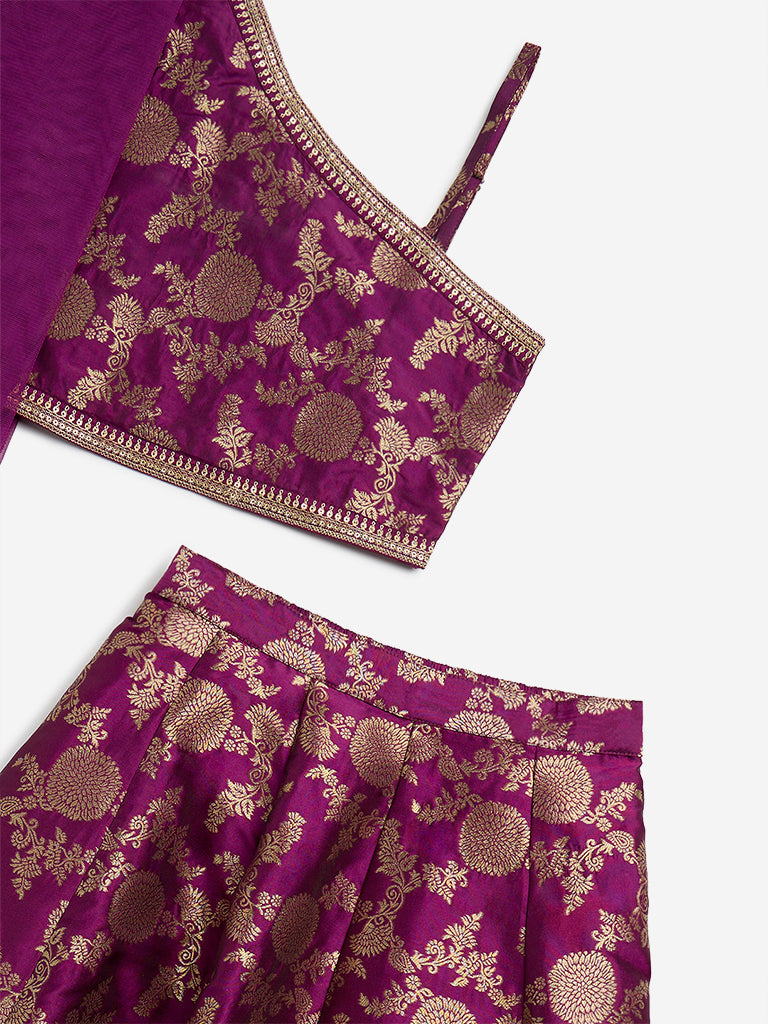 Utsa Kids Purple Embroidered Choli, Ghagra and Dupatta Set - (8 - 14yrs)