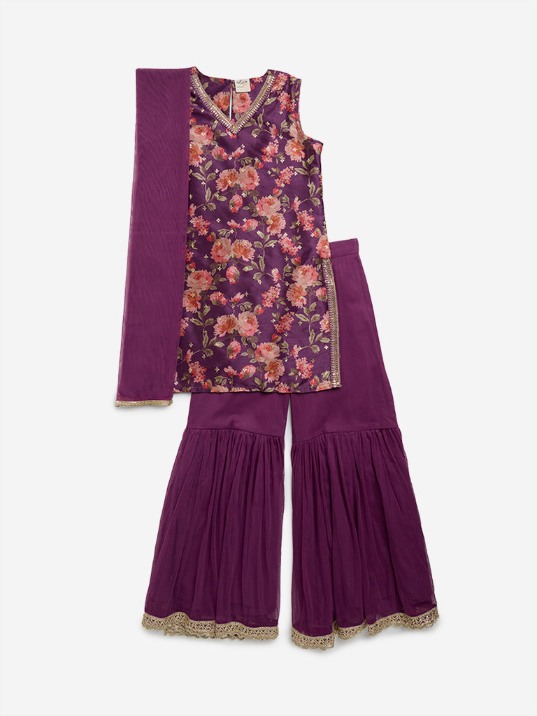 Utsa Kids Purple Embellished Kurta, Sharara and Dupatta Set - (8 - 14yrs)