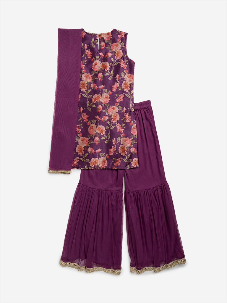 Utsa Kids Purple Embellished Kurta, Sharara and Dupatta Set - (8 - 14yrs)