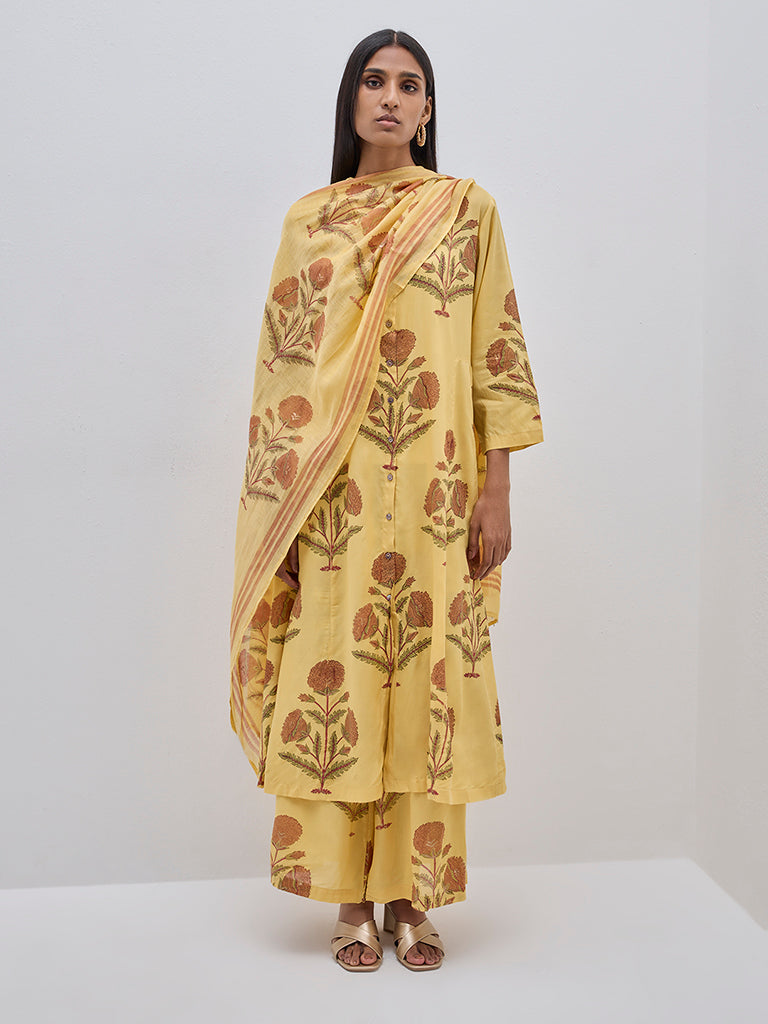 Zuba Mustard Floral Printed Cotton Dupatta