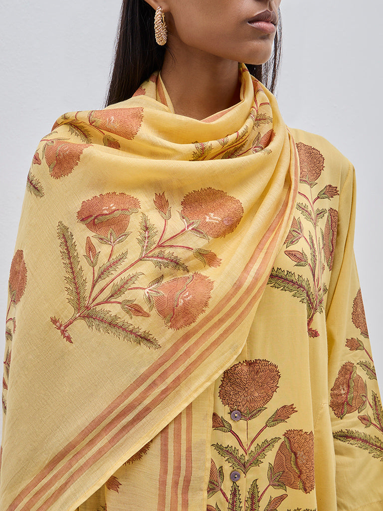 Zuba Mustard Floral Printed Cotton Dupatta