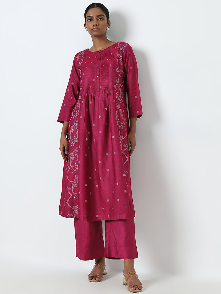 Zuba Fuchsia Jamdani Printed A-Line Cotton Blend Kurta