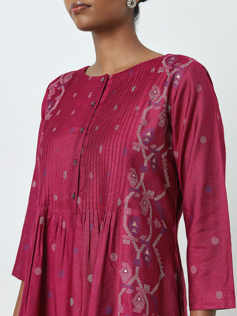 Zuba Fuchsia Jamdani Printed A-Line Cotton Blend Kurta