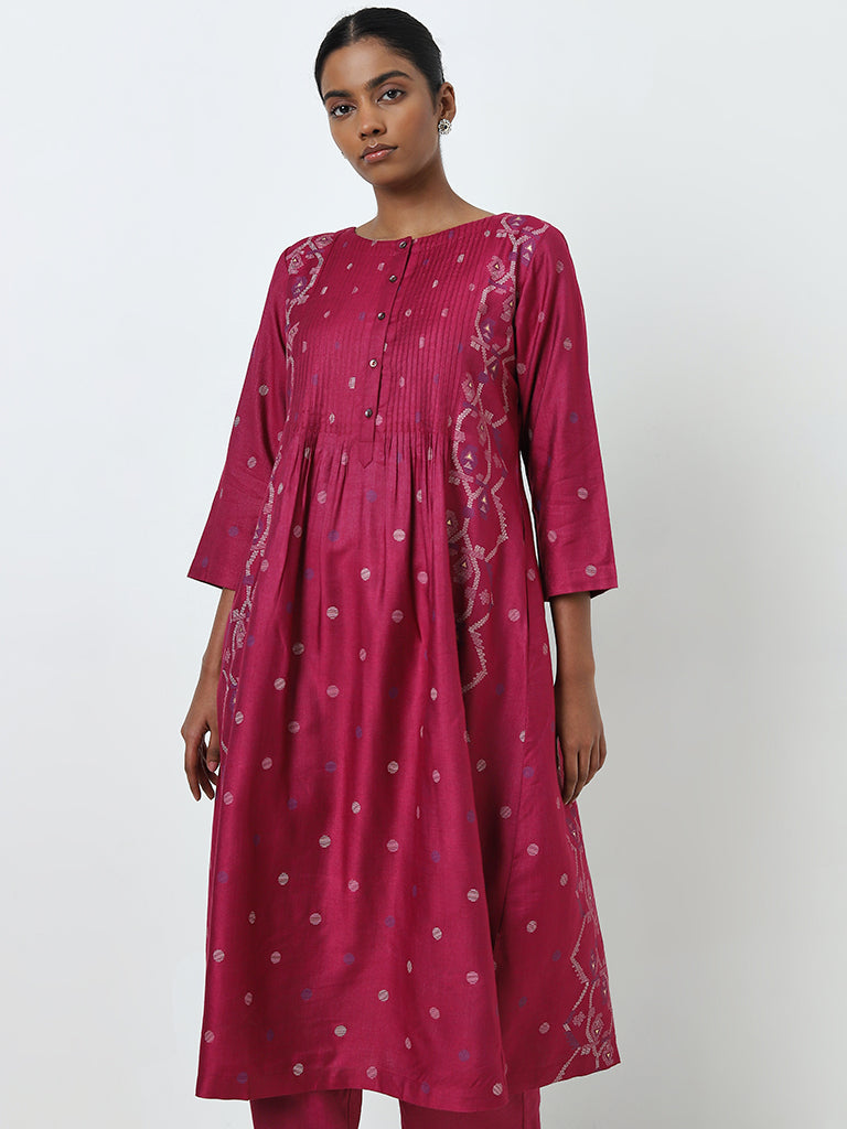 Zuba Fuchsia Jamdani Printed A-Line Cotton Blend Kurta