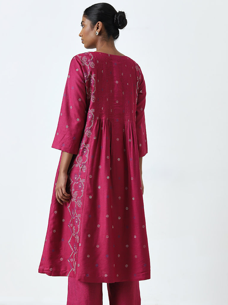 Zuba Fuchsia Jamdani Printed A-Line Cotton Blend Kurta