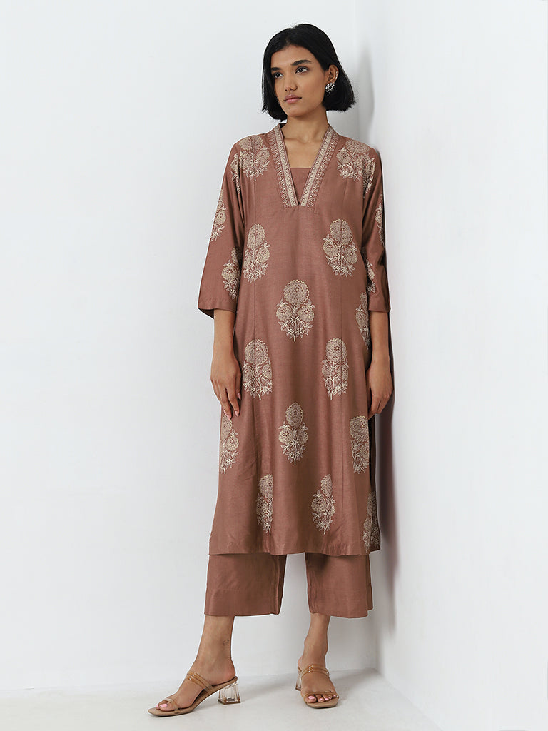 Zuba Brown Floral Design Cotton Blend Kurta