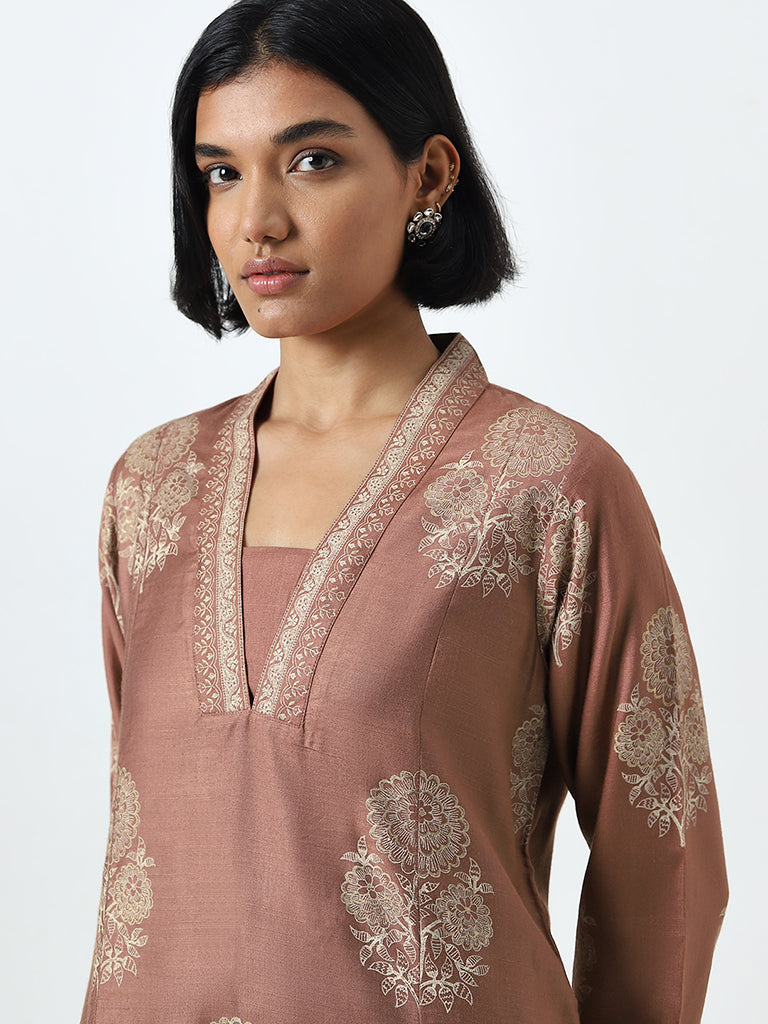 Zuba Brown Floral Design Cotton Blend Kurta