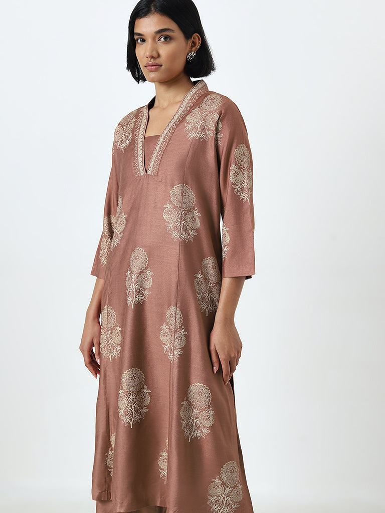 Zuba Brown Floral Design Cotton Blend Kurta