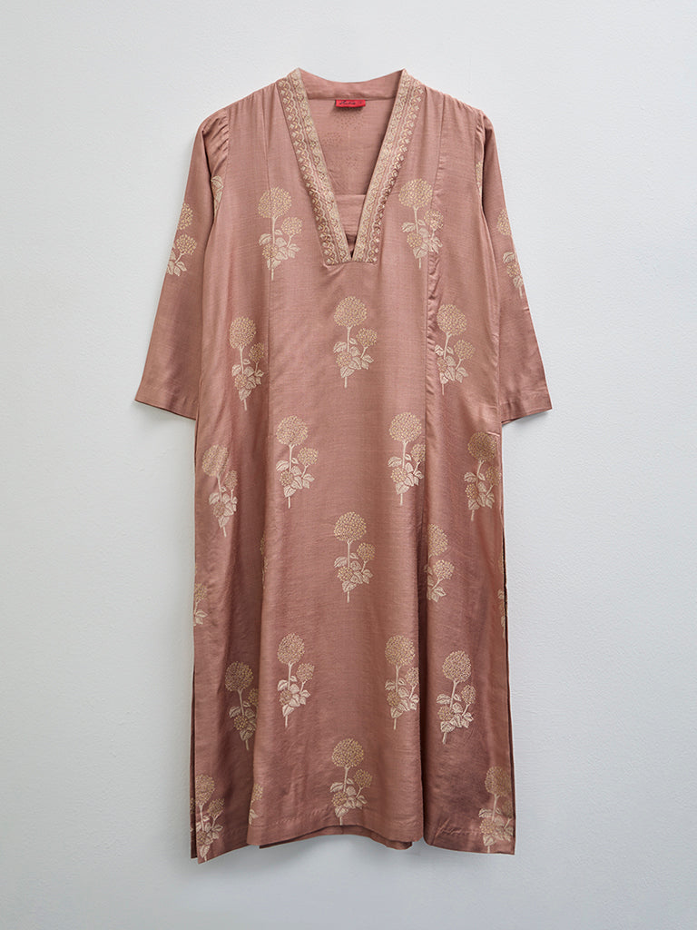 Zuba Brown Floral Design Cotton Blend Kurta