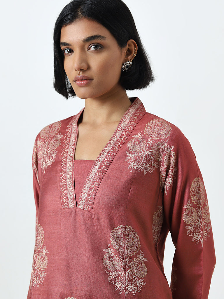 Zuba Dusty Rose Floral Design A-Line Kurta