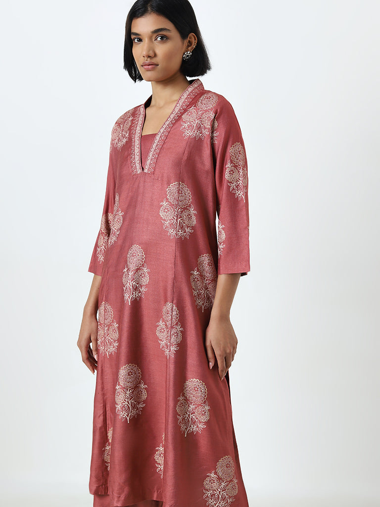 Zuba Dusty Rose Floral Design A-Line Kurta