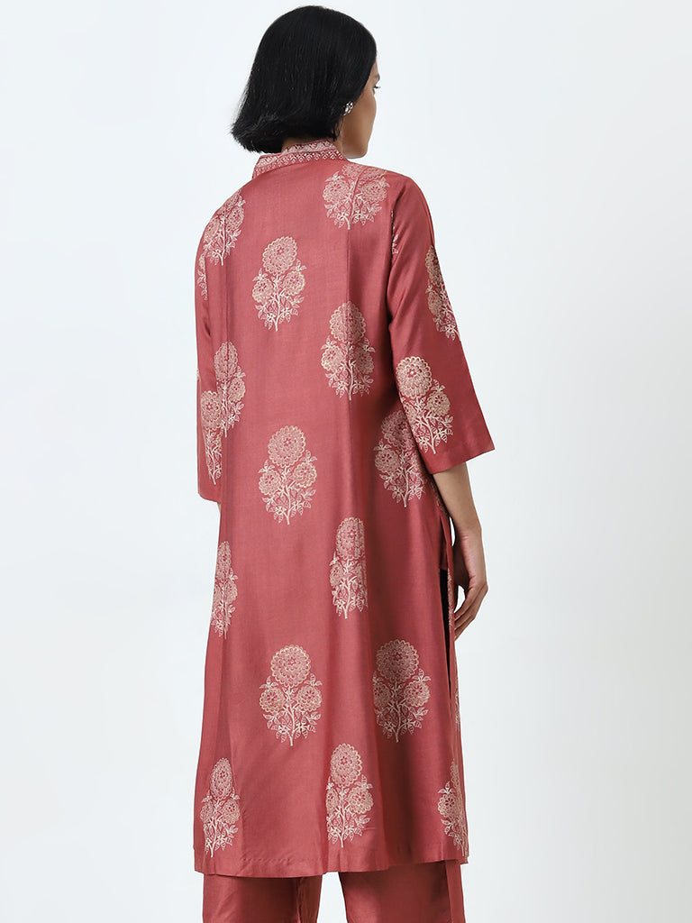 Zuba Dusty Rose Floral Design A-Line Kurta