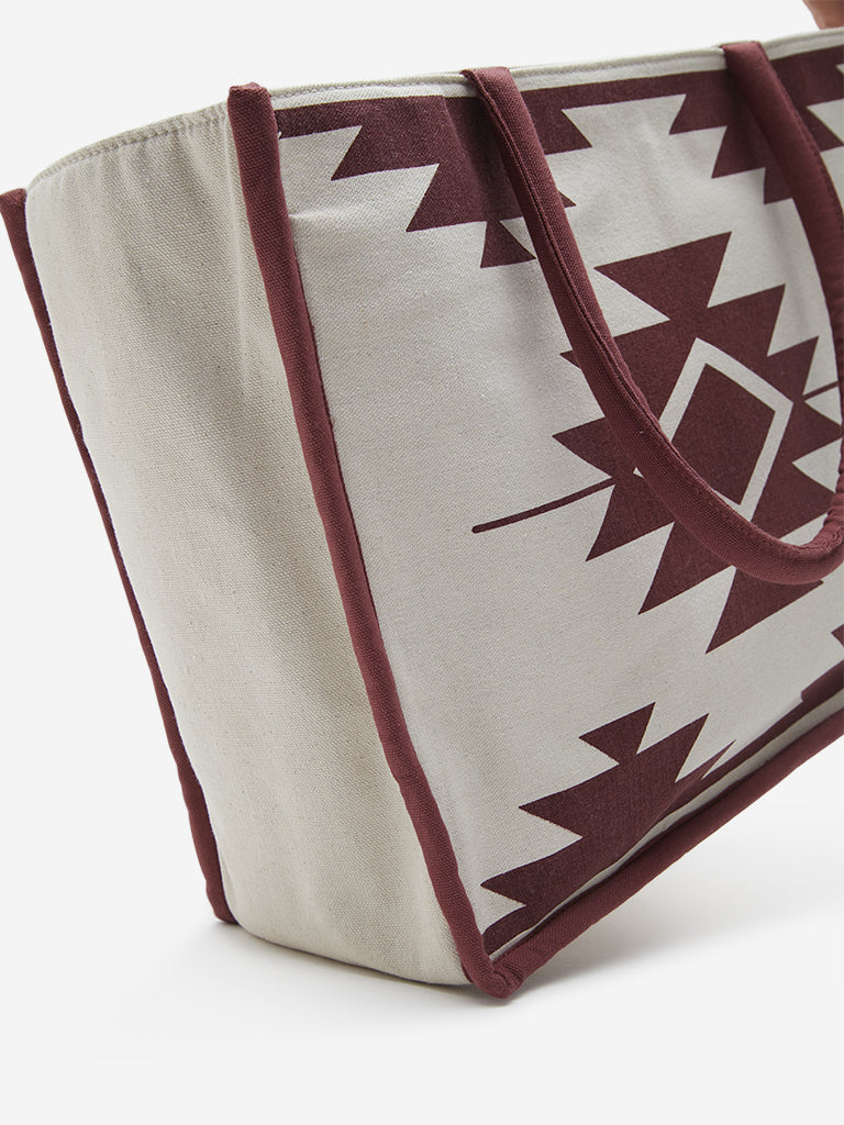 Westside Beige & Maroon Geometric Printed Tote Bag