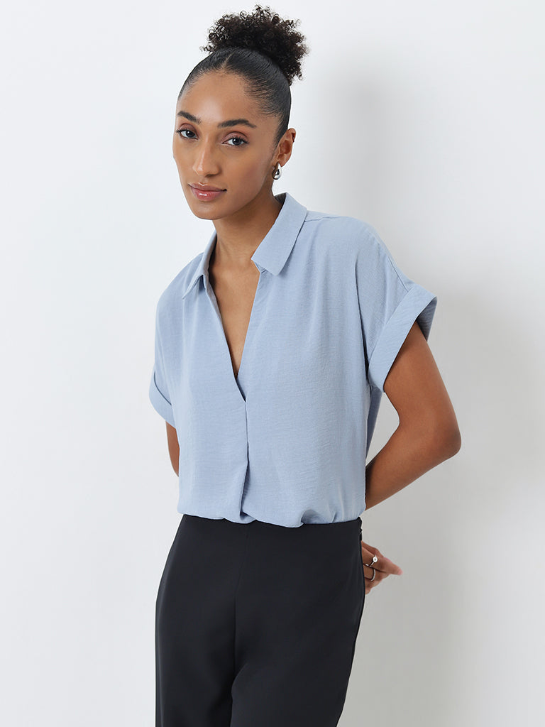 Wardrobe Light Blue Textured Blouse