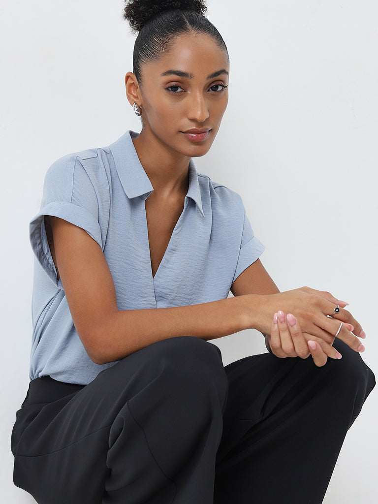 Wardrobe Light Blue Textured Blouse