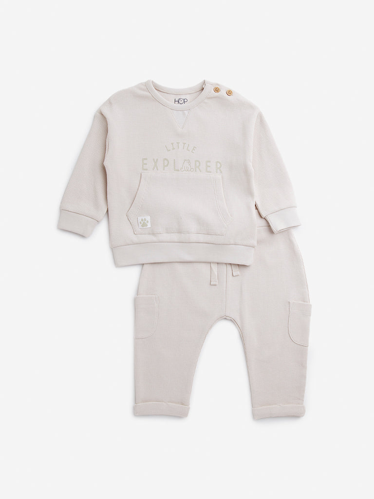 HOP Baby Beige Text Design Cotton Blend Sweatshirt with Pants Set