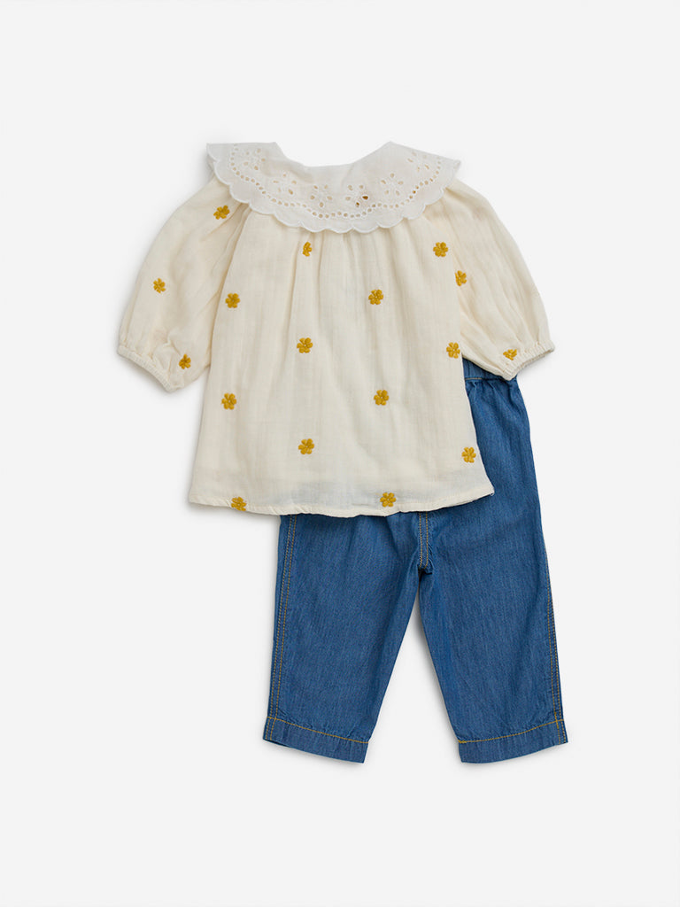 HOP Baby Off-White Floral Embroidery Cotton Top & Jeans Set