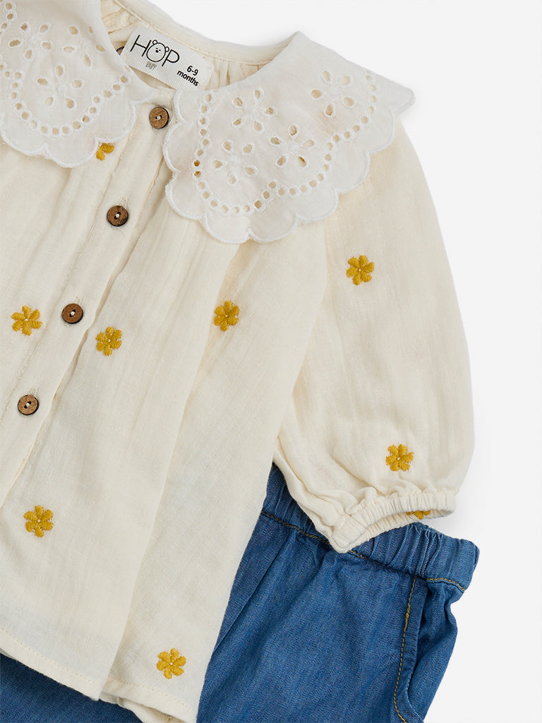 HOP Baby Off-White Floral Embroidery Cotton Top & Jeans Set