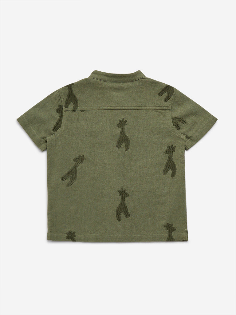 HOP Kids Olive Animal Embroidered Cotton Shirt