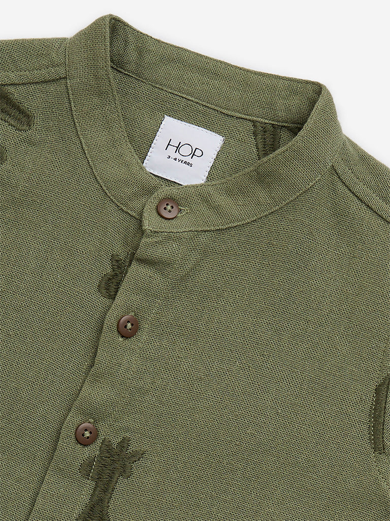 HOP Kids Olive Animal Embroidered Cotton Shirt