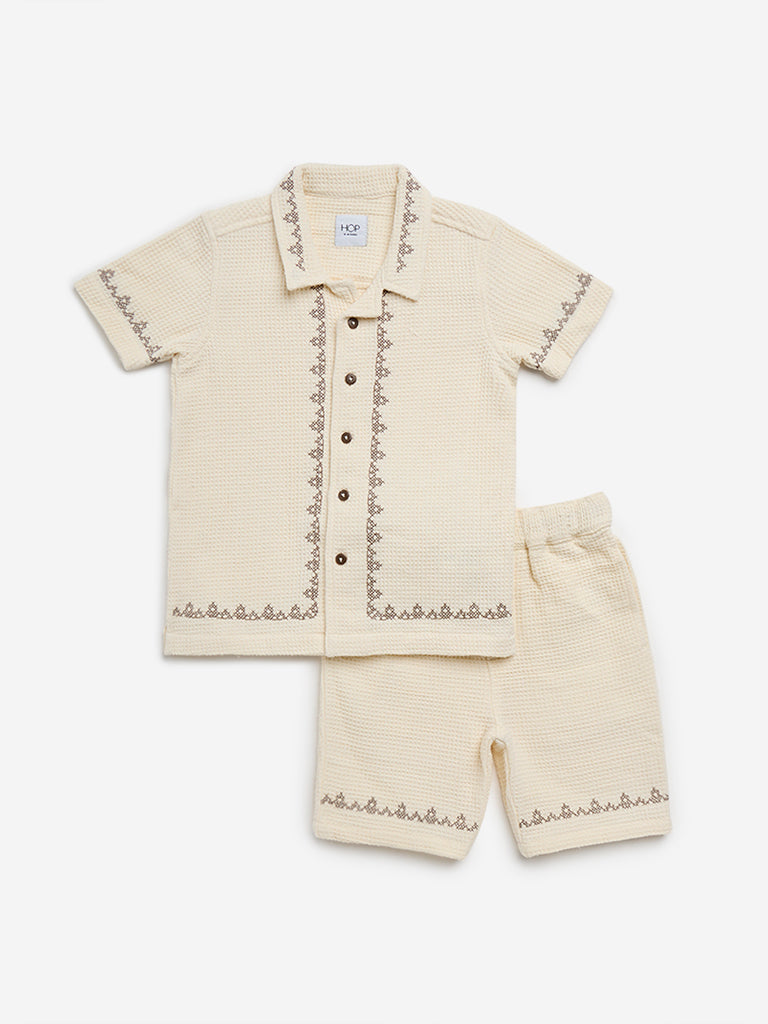 HOP Kids Beige Knit-Textured Cotton Shirt with Shorts Set