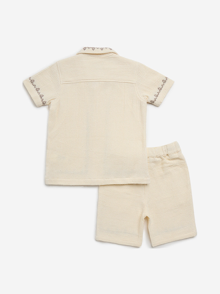 HOP Kids Beige Knit-Textured Cotton Shirt with Shorts Set